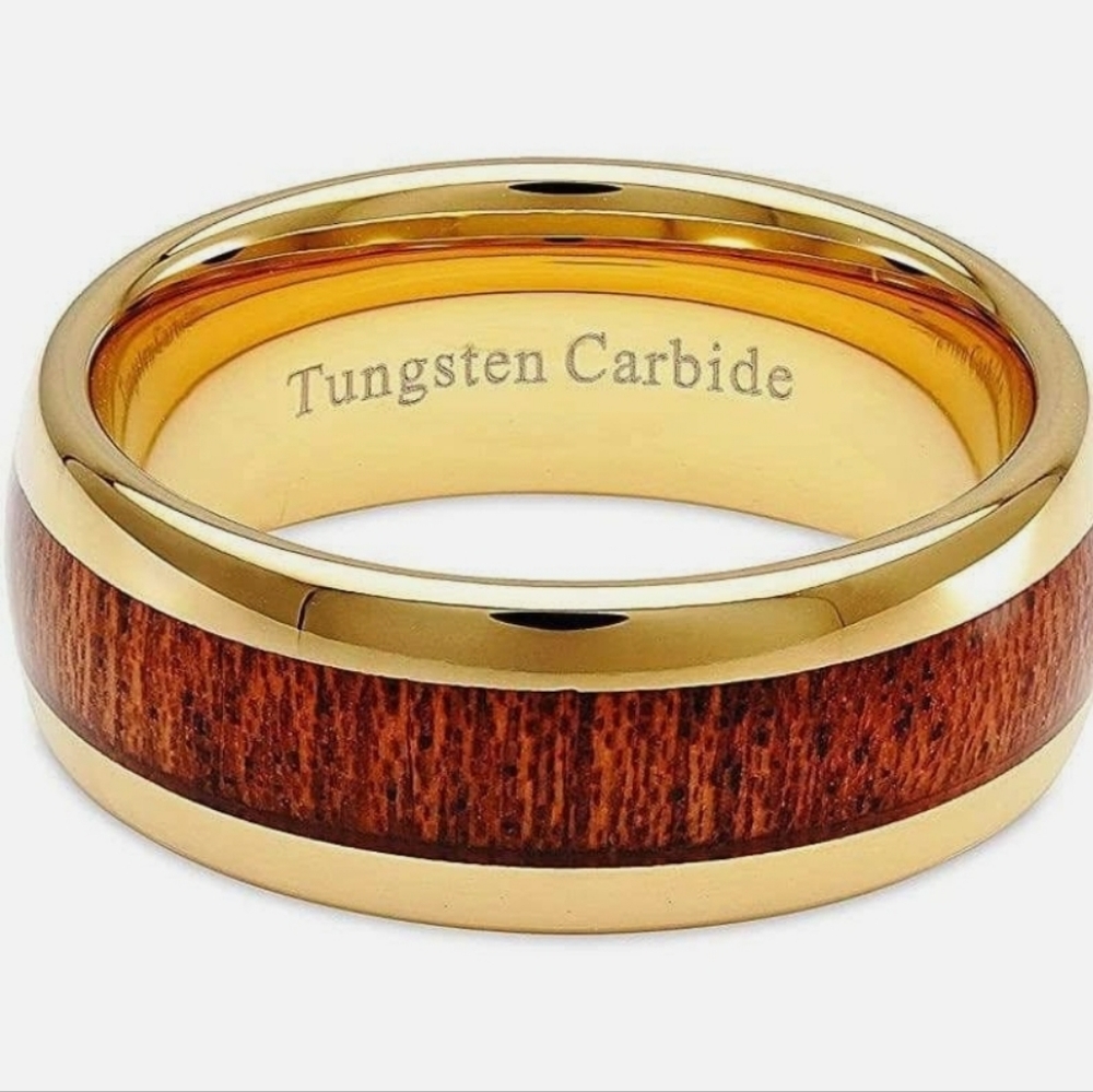 Tungsten Carbide Yellow Gold Plated Ring With Koa Wood Inlay